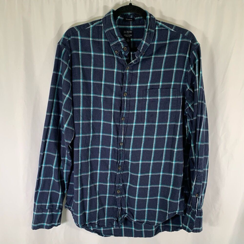 J. Crew Brushed Twill Shirt Men's Large Blue Plaid Flannel Button Up Long Sleeve